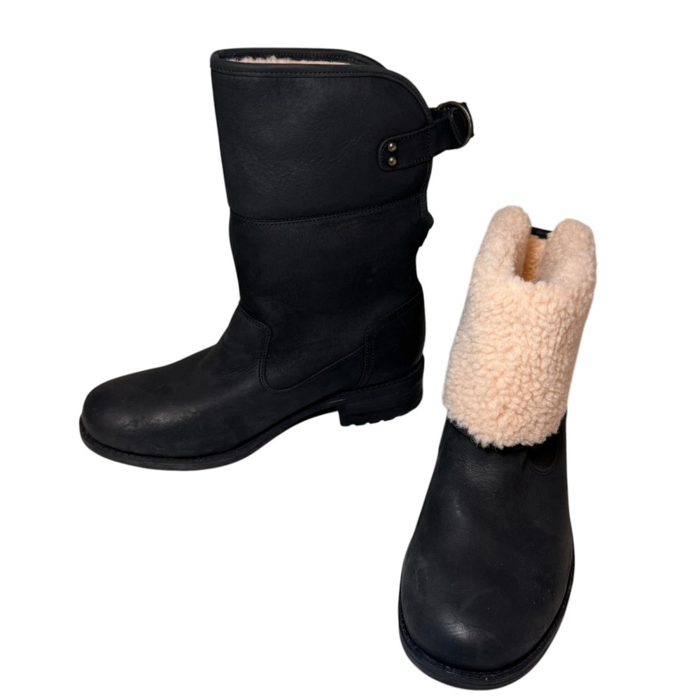 UGG Aldon Fold Down Cuff Boots Black Water Resistant‎ Wool Lined Women's 9.5 New